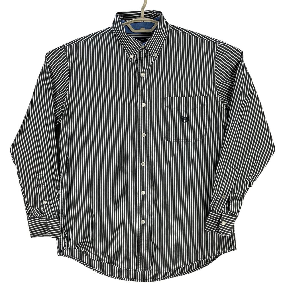 Chaps Button Up Shirt Mens M Gray White Striped Long Sleeves Easy Care Preppy